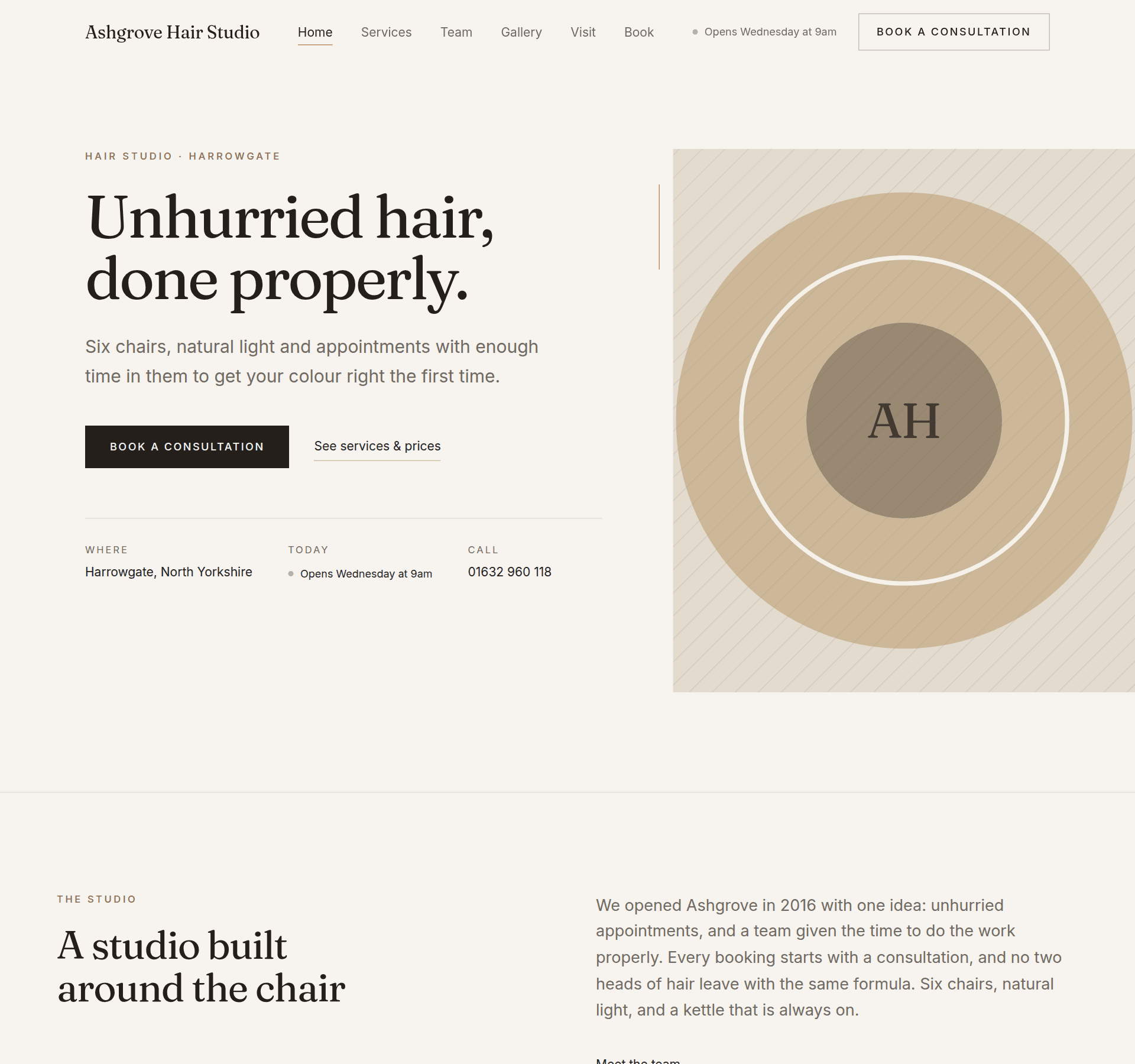 The homepage of Ashgrove Hair Studio as it is served — a hair salon site.