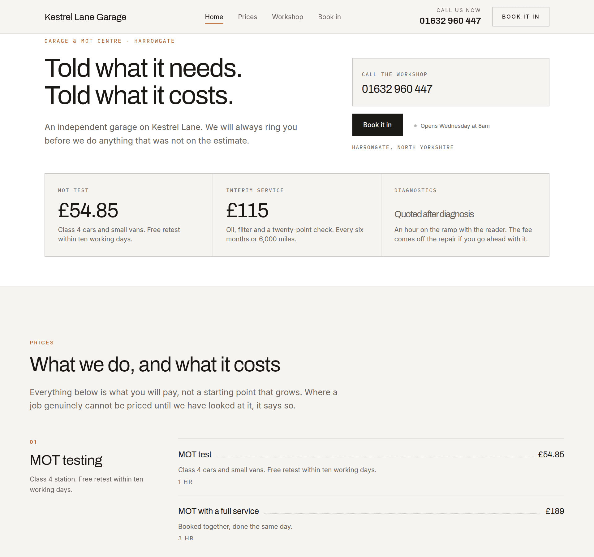The homepage of Kestrel Lane Garage as it is served — a garage & mot site.